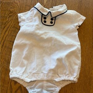 Janie and Jack White linen bubble romper with blue trim 0-3 M
